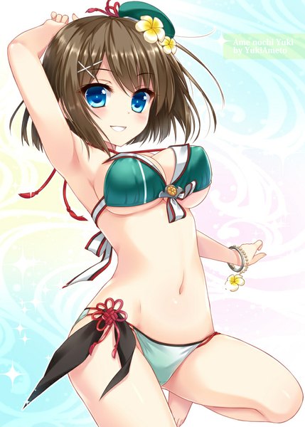 Anime picture 683x954 with kantai collection maya heavy cruiser ameto yuki single tall image looking at viewer blush fringe short hair breasts blue eyes light erotic smile brown hair large breasts barefoot hair flower midriff girl hair ornament
