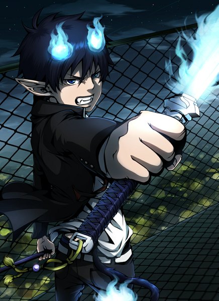 Anime picture 866x1192 with ao no exorcist a-1 pictures okumura rin marichi single tall image short hair blue eyes black hair sky pointy ears night teeth fang (fangs) grin glowing boy weapon sword katana