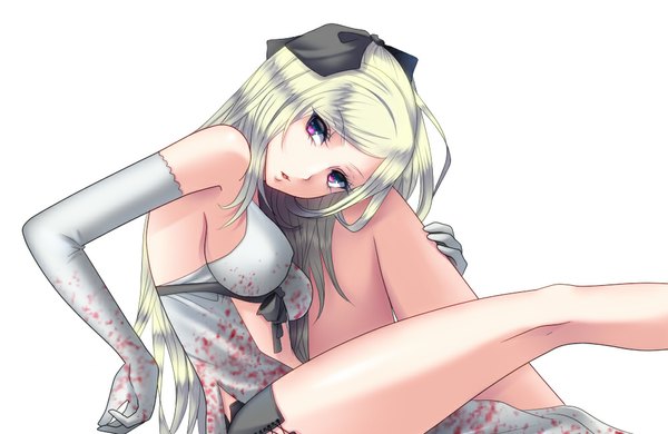 Anime picture 1000x650 with drakengard zero (drag-on dragoon) kuroma (atapi) single long hair looking at viewer breasts open mouth light erotic white background white hair pink eyes girl dress gloves bow hair bow elbow gloves