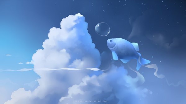 Anime picture 1920x1080 with original apofiss highres wide image signed sky cloud (clouds) no people star (stars) bubble (bubbles) fish (fishes)