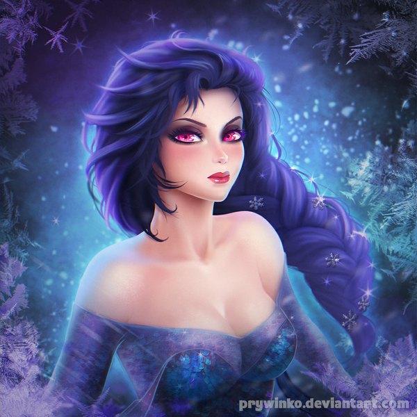 Anime picture 1000x1000 with frozen (disney) disney elsa (frozen) olga narhova single long hair looking at viewer blush highres breasts bare shoulders signed purple hair braid (braids) parted lips pink eyes lips realistic teeth lipstick