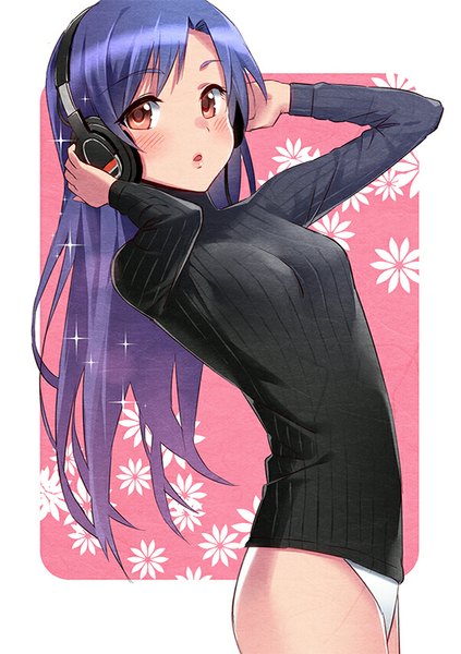 Anime picture 600x850 with idolmaster kisaragi chihaya sonsoso single long hair tall image looking at viewer blush fringe breasts open mouth light erotic red eyes standing holding purple hair hand on headphones girl underwear panties