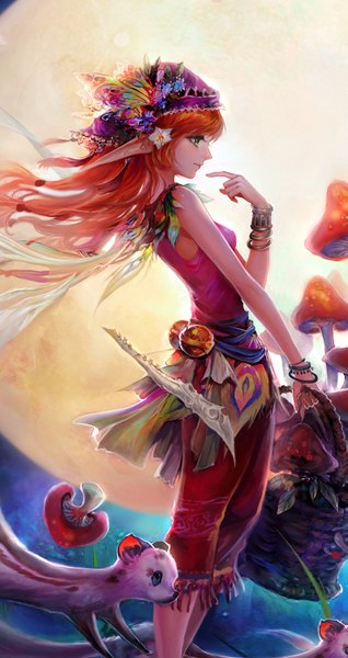 Anime picture 797x1500 with original fooltown long hair tall image fringe green eyes profile hair flower light smile wind pointy ears orange hair sleeveless elf girl hair ornament flower (flowers) animal bracelet headdress