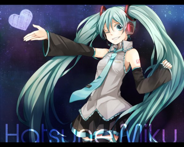 Anime picture 1200x960 with vocaloid hatsune miku tama (songe) single looking at viewer simple background smile twintails bare shoulders very long hair nail polish pleated skirt one eye closed aqua eyes wink aqua hair inscription letterboxed girl detached sleeves