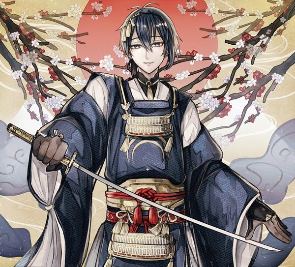 Anime picture 800x724 with touken ranbu nitroplus mikazuki munechika abandon ranka single looking at viewer fringe short hair blue eyes black hair smile hair between eyes holding ahoge traditional clothes japanese clothes outstretched arm plum blossoms sayagata boy