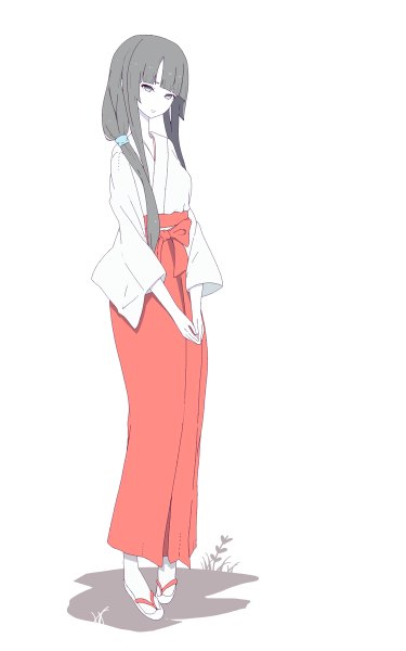Anime picture 750x1200 with original natuich single long hair tall image looking at viewer fringe simple background standing white background long sleeves traditional clothes head tilt japanese clothes grey hair wide sleeves grey eyes miko front-tie top white skin