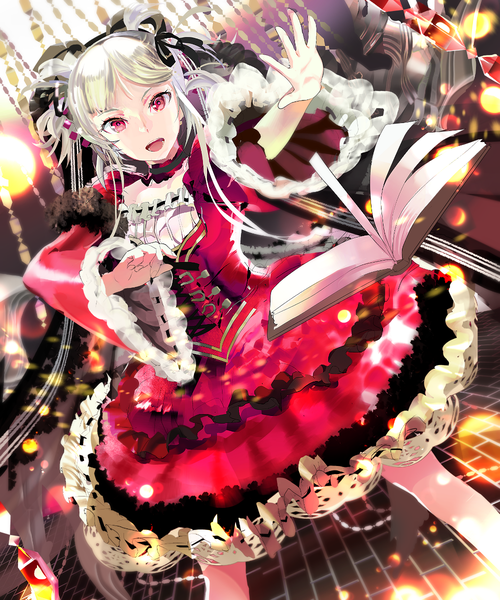 Anime picture 1000x1200 with original 119 single long hair tall image looking at viewer open mouth red eyes twintails white hair magic girl dress ribbon (ribbons) hair ribbon book (books)