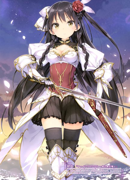 Anime picture 2858x3958 with chain chronicle sega kani biimu single long hair tall image looking at viewer highres black hair green eyes sky cleavage braid (braids) pleated skirt scan inscription zettai ryouiki twin braids side ponytail evening