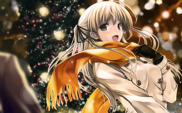 Anime picture 1920x1200 with misaki kurehito single long hair blush highres open mouth blonde hair wide image twintails brown eyes girl gloves ribbon (ribbons) hair ribbon jacket scarf