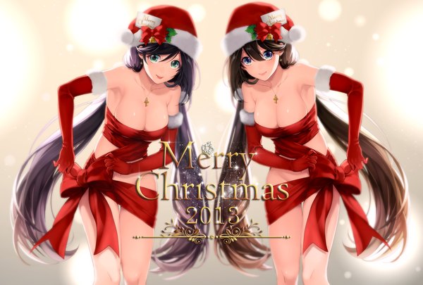 Anime picture 1748x1181 with original katase waka long hair looking at viewer highres breasts blue eyes light erotic black hair brown hair twintails multiple girls christmas merry christmas naked ribbon 2013 girl gloves bow 2 girls
