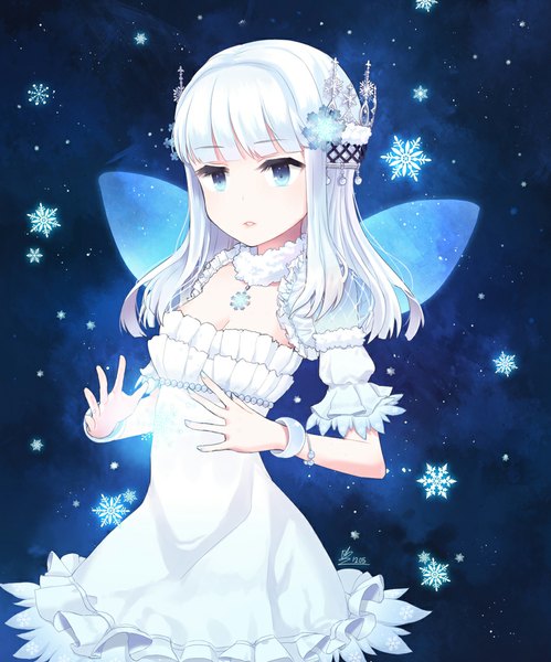 Anime picture 936x1125 with original minari single long hair tall image open mouth blue eyes white hair dark background girl dress hair ornament wings bracelet snowflake (snowflakes) snowflake hair ornament
