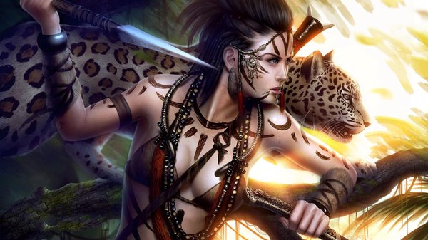 Anime picture 1920x1080 with original mario wibisono (raynkazuya) highres short hair light erotic black hair wide image brown eyes lips sunlight realistic teeth fang (fangs) wallpaper piercing girl weapon animal branch beads