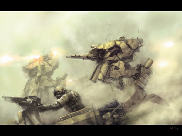Anime picture 1024x768 with firing soldier gun fire mecha walker mozuo