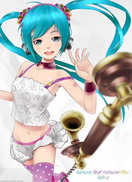 Anime picture 850x1172 with vocaloid redial (vocaloid) hatsune miku saiki (artist) single long hair tall image open mouth blue eyes simple background smile white background twintails aqua hair inscription bare belly midriff tattoo girl thighhighs