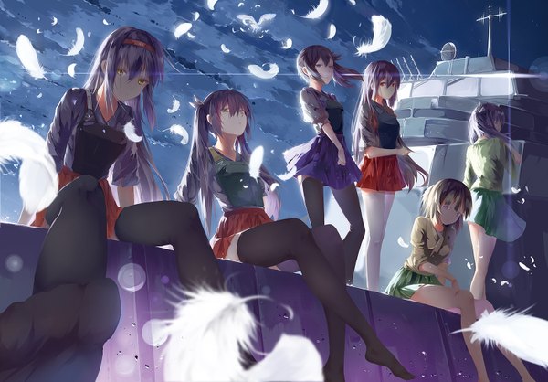 Anime picture 1500x1046 with kantai collection kaga aircraft carrier akagi aircraft carrier shoukaku aircraft carrier zuikaku aircraft carrier souryuu aircraft carrier hiryuu aircraft carrier lilikou long hair looking at viewer fringe short hair breasts blue eyes red eyes large breasts standing sitting purple eyes twintails