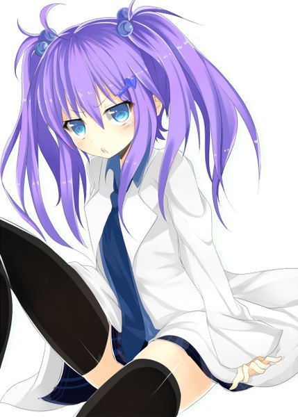Anime picture 900x1259 with original kazu kakao single long hair tall image looking at viewer blush blue eyes simple background white background purple hair girl thighhighs black thighhighs necktie