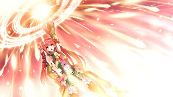 Anime picture 1280x720 with 1/7 no mahoutsukai ichijou himari tel-o single long hair blush fringe open mouth wide image twintails game cg red hair hand on hip outstretched arm magic silver eyes girl hair ornament detached sleeves magic circle