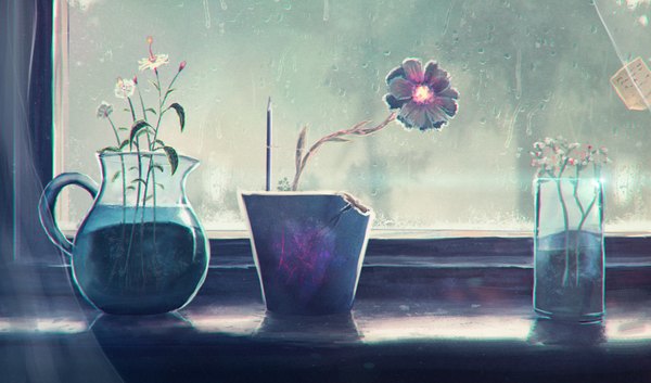 Anime picture 3500x2062 with original sylar113 highres wide image absurdres rain no people flower (flowers) water window curtains vase pitcher