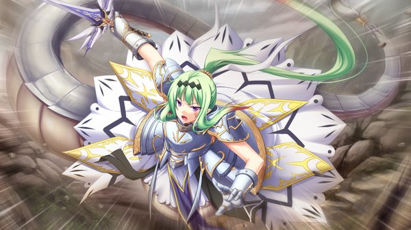 Anime picture 1280x720 with madou koukaku eushully long hair open mouth wide image purple eyes game cg ponytail green hair battle girl dress weapon sword armor