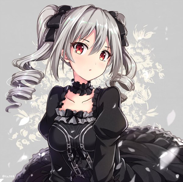 Anime picture 1050x1044 with idolmaster idolmaster cinderella girls kanzaki ranko rin yuu single long hair looking at viewer fringe open mouth hair between eyes red eyes twintails signed payot silver hair upper body long sleeves grey background puffy sleeves drill hair