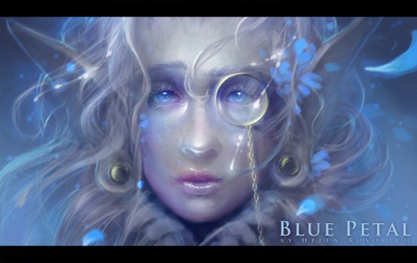 Anime picture 1300x821 with original nagare-boshi (artist) long hair blue eyes blonde hair lips pointy ears realistic inscription portrait face freckles curly hair girl earrings petals monocle