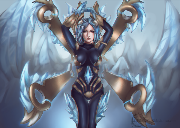 Anime picture 2300x1644 with league of legends irelia (league of legends) rinrindaishi single looking at viewer highres short hair breasts blue eyes standing blue hair lips girl weapon bodysuit