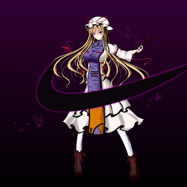 Anime picture 2000x2000 with touhou yakumo yukari gmot single long hair highres blonde hair purple eyes girl dress fan cap