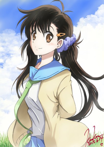 Anime picture 1000x1414 with nisekoi shaft (studio) onodera haru kem kem single tall image blush fringe smile brown hair twintails brown eyes signed looking away cloud (clouds) ahoge low twintails dated hands behind back girl