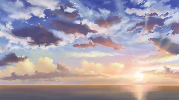 Anime picture 1820x1024 with original peko (akibakeisena) highres wide image sky cloud (clouds) sunlight evening light sunset no people landscape water sea sun