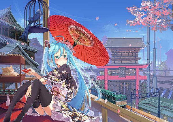 Anime picture 1200x852 with vocaloid hatsune miku beek (artist) single long hair blush light erotic sitting twintails green eyes blue hair sky cloud (clouds) ahoge nail polish traditional clothes japanese clothes light smile cherry blossoms floral print