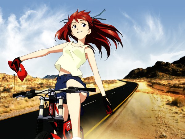 Anime picture 1600x1200 with neon genesis evangelion gainax soryu asuka langley desert ground vehicle bicycle