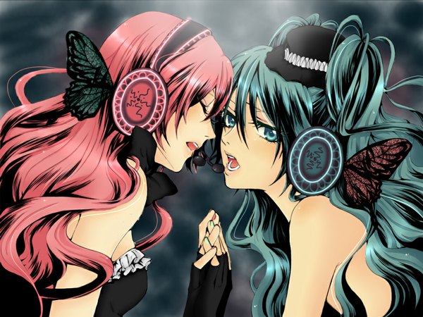 Anime picture 1024x768 with vocaloid magnet (vocaloid) hatsune miku megurine luka long hair open mouth multiple girls green eyes pink hair nail polish green hair holding hands shoujo ai insect wings butterfly wings girl dress gloves 2 girls hat