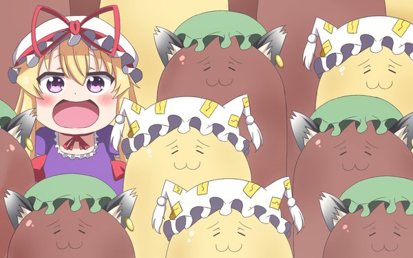 Anime picture 1920x1200 with himouto! umaru-chan touhou doga kobo yakumo yukari yakumo ran chen kyoukyan long hair looking at viewer blush fringe highres open mouth blonde hair hair between eyes purple eyes payot eyes closed :d wallpaper