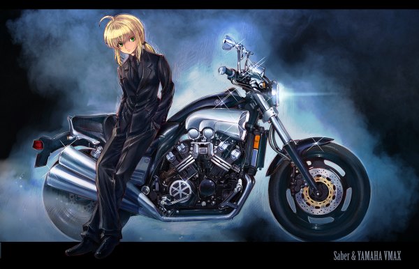 Anime picture 1200x772 with fate (series) fate/stay night fate/zero studio deen type-moon artoria pendragon (all) saber boyaking(sbf) single long hair blonde hair green eyes ponytail inscription hands in pockets girl necktie suit motorcycle