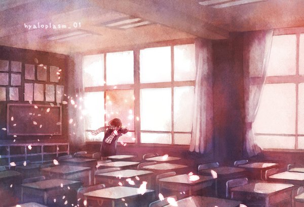 Anime picture 1000x680 with original plasm (gyuunyuu) single long hair brown hair standing from behind back plaid girl petals window scarf desk room plaid scarf school