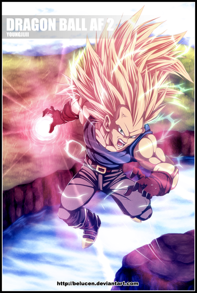 Anime picture 746x1106 with dragon ball vegeta belucen single long hair tall image open mouth blonde hair green eyes sky cloud (clouds) inscription coloring magic muscle framed angry electricity boy gloves