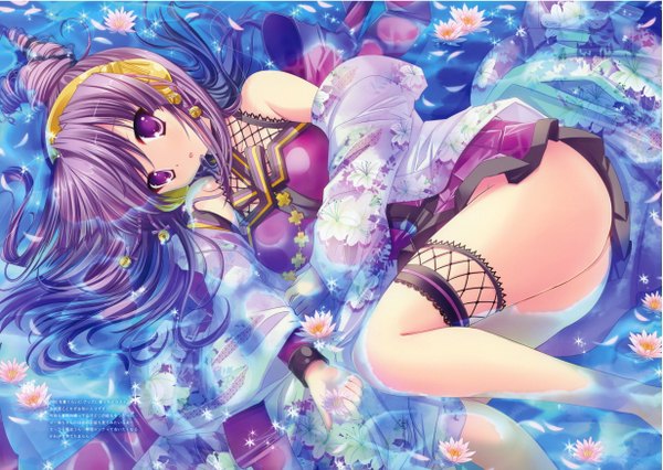 Anime picture 2464x1750 with beatmania hinata momo single long hair looking at viewer highres light erotic purple eyes bare shoulders purple hair ass girl dress flower (flowers) petals water bell jingle bell