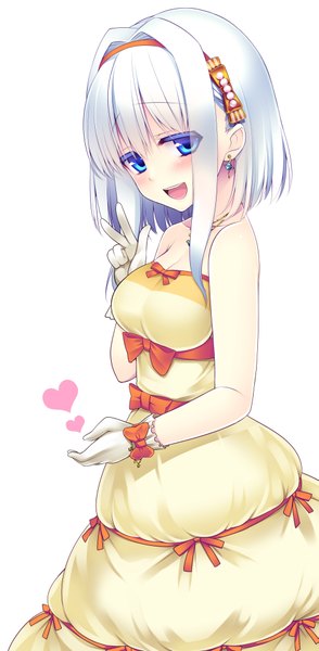 Anime picture 1966x4004 with original giuniu single tall image blush highres short hair open mouth blue eyes simple background white background white hair girl dress gloves bow heart hairband