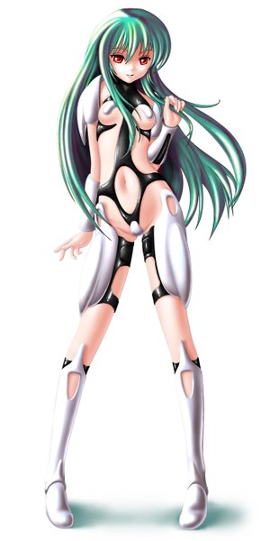 Anime picture 700x1400 with evilflesh (artist) single long hair tall image light erotic simple background red eyes white background green hair light smile girl navel suit