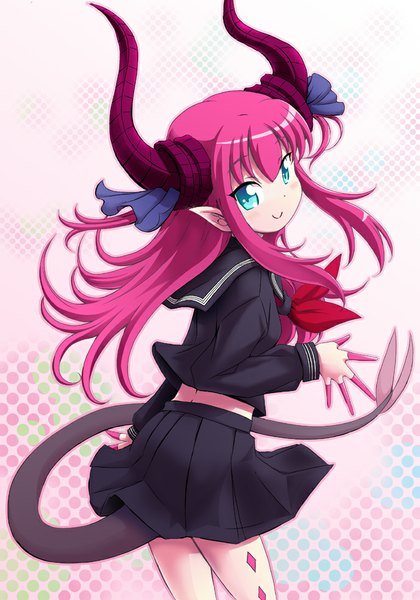 Anime picture 689x984 with fate (series) fate/extra type-moon elizabeth bathory (fate) (all) elizabeth bathory (fate) mana12 long hair tall image looking at viewer blush blue eyes smile pink hair tail horn (horns) pointy ears girl skirt uniform serafuku