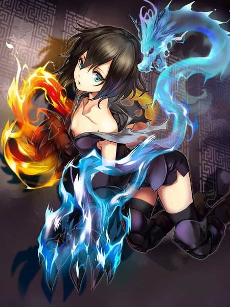 Anime picture 1466x1956 with million arthur (series) kaku-san-sei million arthur square enix chushengdao single tall image looking at viewer fringe short hair breasts open mouth light erotic black hair green eyes cleavage bent knee (knees) parted lips wind no bra teeth