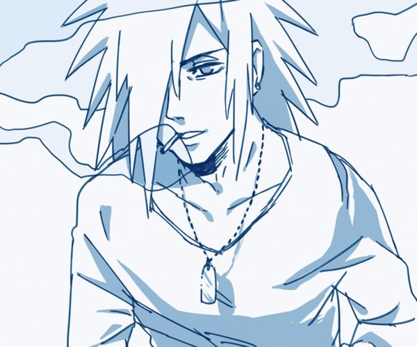 Anime picture 940x784 with naruto studio pierrot naruto (series) uchiha madara upa 1123 single long hair fringe upper body hair over one eye smoke spiked hair sketch boy cigarette single earring