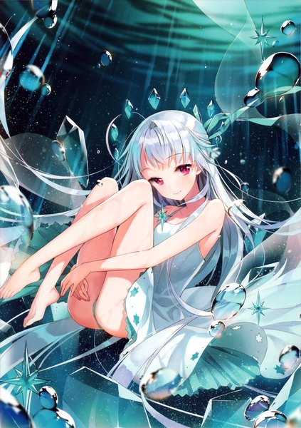 Anime picture 2139x3033 with salt (salty) single tall image looking at viewer blush highres light erotic red eyes bare shoulders silver hair bent knee (knees) very long hair barefoot scan bare legs pantyshot underwater girl dress underwear