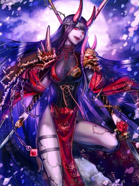 Anime picture 750x1000 with sengoku saga yamada rokkaku single tall image looking at viewer fringe open mouth smile red eyes holding cleavage purple hair very long hair horn (horns) teeth fang (fangs) legs floral print glowing side slit