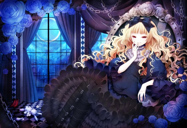 Anime picture 1163x800 with original rinko (mg54) long hair blonde hair smile red eyes girl dress flower (flowers) bow hair bow boots rose (roses) chain blue rose