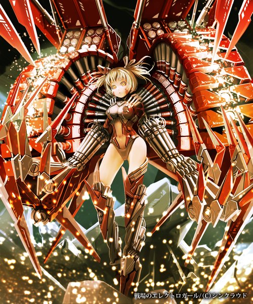 Anime picture 1200x1440 with original nekoita single tall image looking at viewer blush short hair breasts light erotic blonde hair twintails yellow eyes cleavage bare belly mecha musume mechanical parts girl navel hair ornament