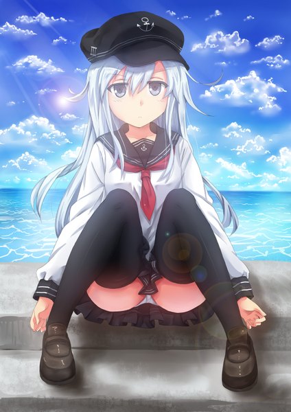 Anime picture 2480x3507 with kantai collection hibiki destroyer yinzhai single long hair tall image looking at viewer blush fringe highres light erotic hair between eyes sitting payot sky silver hair cloud (clouds) ahoge long sleeves pleated skirt