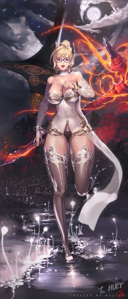 Anime picture 750x1750 with blade & soul nightmadness single tall image short hair breasts open mouth blue eyes light erotic blonde hair smile large breasts bent knee (knees) horn (horns) thick thighs girl thighhighs underwear panties black thighhighs