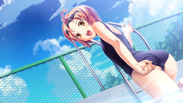 Anime picture 1280x720 with izuna zanshinken (game) short hair open mouth light erotic wide image game cg orange hair orange eyes girl swimsuit one-piece swimsuit school swimsuit