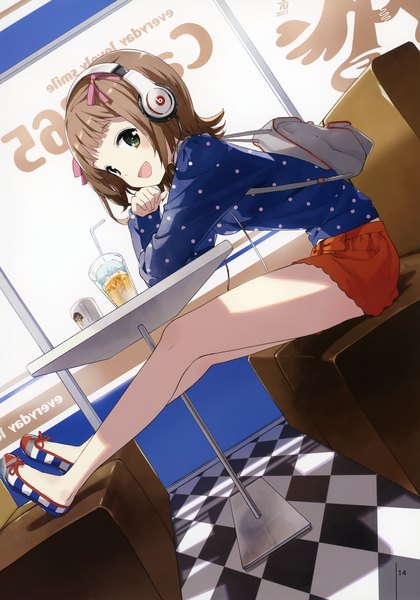 Anime picture 2109x3009 with idolmaster amami haruka tiv single tall image looking at viewer blush highres short hair open mouth brown hair sitting green eyes legs girl skirt miniskirt headphones
